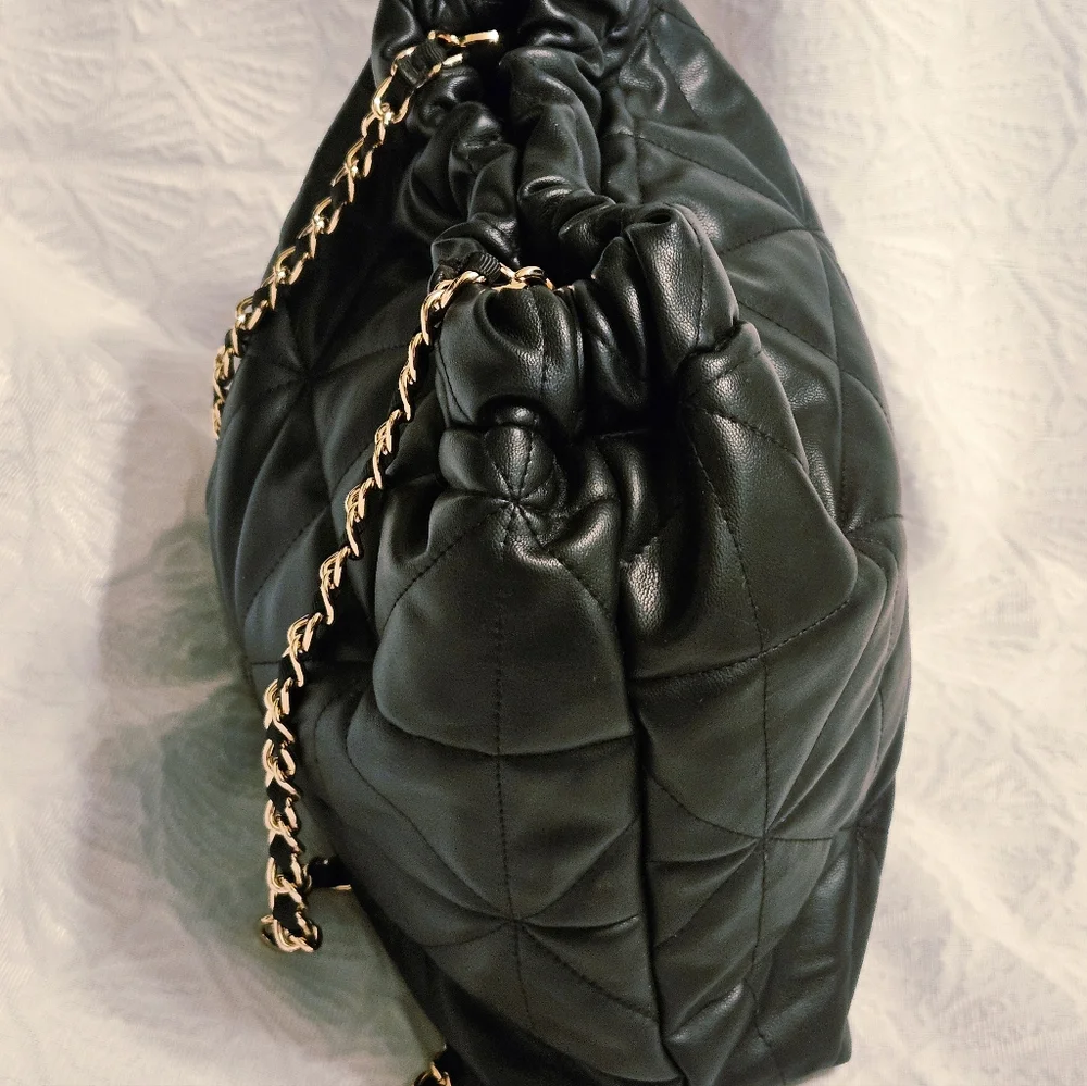 A New Day Black Quilted Vegan Leather Ruched Hobo Pouch Small Shoulder Bag